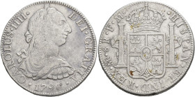 CARLOS IV. 8 reales. 1790. México. FM. Numeral IIII. AR 26,74 g. 38,6 mm. VI-786. Golpecito en gráfila. MBC-. Escasa.