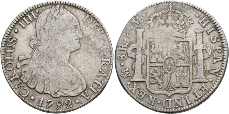 CARLOS IV. 8 reales. 1792. México. FM. AR 26,71 g. 39,4 mm. VI-788. BC+/MBC-.