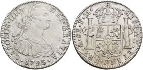 CARLOS IV. 8 reales. 1793. México. FM. AR 26,68 g. 39 mm. VI-789. Rayitas en anv. Doble acuñación en rev. MBC+.