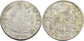 CARLOS IV. 8 reales. 1794. México. FM. AR 26,77 g. 39,2 mm. VI-790. MBC-.