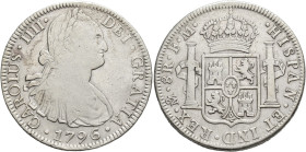 CARLOS IV. 8 reales. 1796. México. FM. AR 26,71 g. 39,8 mm. VI-792. Pequeñas marcas. MBC-/MBC.