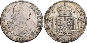 CARLOS IV. 8 reales. 1803. México. FT. AR 26,94 g. 39,8 mm. VI-800. Pequeñas marcas y rebaba en rev. Limpiada. MBC+.