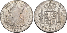CARLOS IV. 8 reales. 1804. México. TH. AR 26,96 g. 39,1 mm. VI-802. Pequeñas marcas. MBC/MBC+.
