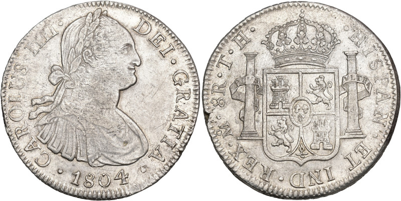 CARLOS IV. 8 reales. 1804. México. TH. AR 27,04 g. 39,8 mm. VI-802. Leve plata a...