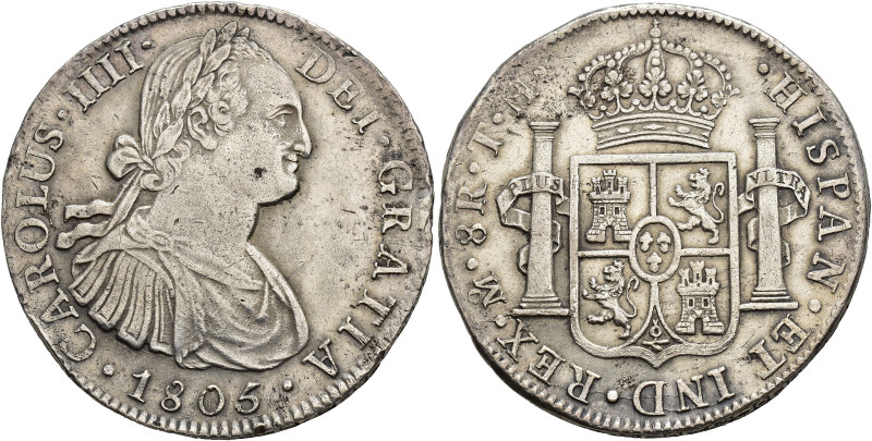 CARLOS IV. 8 reales. 1805. México. TH. AR 26,92 g. 39,4 mm. VI-803. Golpes en ca...