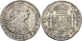CARLOS IV. 8 reales. 1805. México. TH. AR 26,92 g. 39,4 mm. VI-803. Golpes en canto. Limpiada. MBC+.