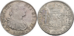 CARLOS IV. 8 reales. 1807. México. TH. AR 26,8 g. 40,1 mm. VI-805. Rayas de ajuste en rev. y pequeñas marcas. MBC+.