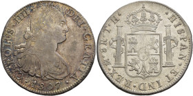 CARLOS IV. 8 reales. 1807. México. TH. AR 26,91 g. 40 mm. VI-805. Vano es escudo. MBC.