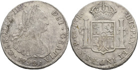CARLOS IV. 8 reales. 1792. Potosí. PR. AR 26,88 g. 41 mm. VI-811. Leves oxidaciones. MBC-.