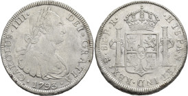 CARLOS IV. 8 reales. 1793. Potosí. PR. AR 26,72 g. 40,9 mm. VI-814. Pequeñas marcas. MBC-.