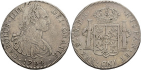 CARLOS IV. 8 reales. 1794. Potosí. PR. AR 26,88 g. 40,03 mm. VI-813. Pequeña rebaba en gráfila del anv. Pequeñas marcas. MBC.