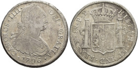 CARLOS IV. 8 reales. 1796. Potosí. PP. AR 26,78 g. 40,9 mm. VI-816. Hojita en anv. y pequeñas marcas. MBC/MBC-.