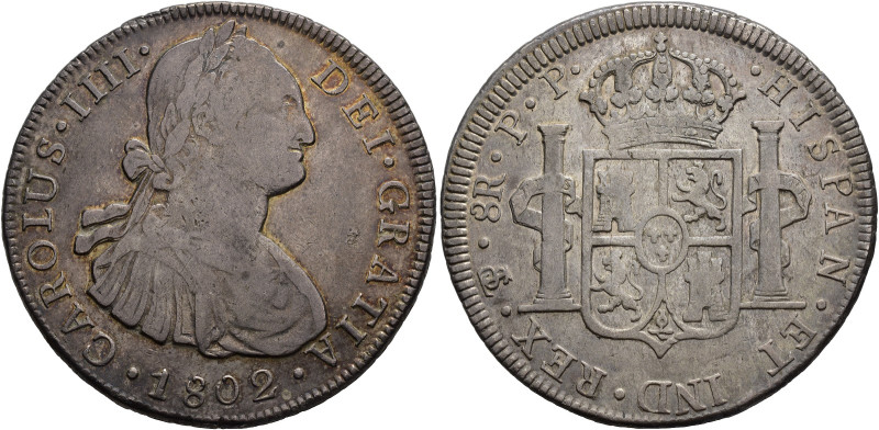 CARLOS IV. 8 reales. 1802. Potosí. PP. AR 26,83 g. 41,2 mm. VI-822. Pequeñas mar...