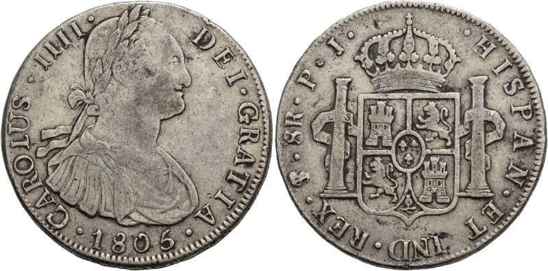 CARLOS IV. 8 reales. 1805. Potosí. PJ. AR 26,96 g. 39,6 mm. VI-825. Hojita en re...