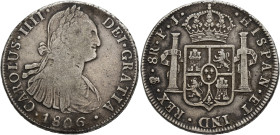 CARLOS IV. 8 reales. 1806. Potosí. PJ. AR 26,56 g. 40,5 mm. VI-826. Pequeñas marcas. BC+/MBC.