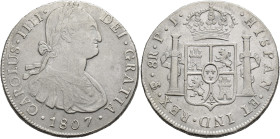 CARLOS IV. 8 reales. 1807. Potosí. PJ. AR 26,92 g. 39,6 mm. VI-827. MBC-/MBC+.