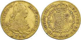 CARLOS IV. 2 escudos. 1794. Madrid. MF. AU 6,62 g. 22,1 mm. VI-1043. MBC-/MBC.