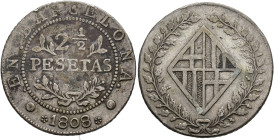 OCUPACIÓN NAPOLEÓNICA. 2 1/2 pesetas. 1756. Barcelona. PJ. AR 13,34 g. 31,5 mm. VI-29. 2 golpecitos en gráfila. MBC-. Escasa.