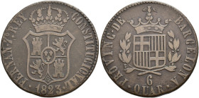 FERNANDO VII. 6 quartos. 1823. Cataluña. AE 23,85 g. 32,5 mm. VI-27. MBC-.