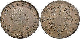 FERNANDO VII. 8 maravedís. 1822. Jubia. AE 11,58 g. 28,7 mm. VI-211. Acuñación defectuosa con vanos. MBC+.