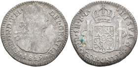 FERNANDO VII. Real. 1819. Nuevo Reino. FJ. AR 2,79 g. 20,2 mm. VI-538. Hojitas en rev. BC+.