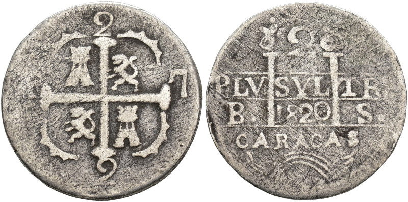 FERNANDO VII. 2 reales. 1820. Caracas. BS. AR 4,46 g. 23,8 mm. VI-613. BC+.