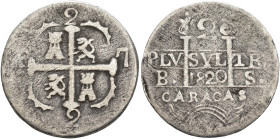 FERNANDO VII. 2 reales. 1820. Caracas. BS. AR 4,46 g. 23,8 mm. VI-613. BC+.
