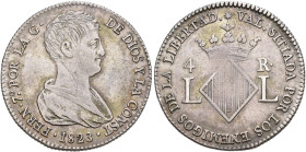 FERNANDO VII. 4 reales. 1823. Valencia. Con módulo de 2 reales. AR 5,77 g. 25,8 mm. VI-803. Fina raya en anv. MBC.