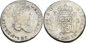 FERNANDO VII. 2 reales. 1821. Zacatecas. RG. AR 6,05 g. 26,6 mm. VI-825. Rayita en anv. y vanos. MBC.