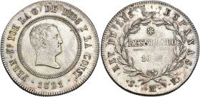 FERNANDO VII. 10 reales. 1821. Madrid. SR. AR 13,69 g. 33,7 mm. VI-890. Pequeñas marcas y leve vano en rev. MBC+.