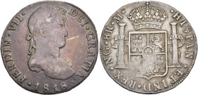FERNANDO VII. 8 reales. 1818. Nueva Guatemala. M. AR 26,93 g. 37,9 mm. VI-1030. Rayas de ajuste en anv. y vano en rev. MBC. Escasa.