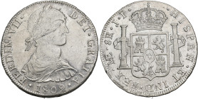 FERNANDO VII. 8 reales. 1809. Lima. JP. AR 26,63 g. 38,9 mm. VI-1038. Raya de ajuste en anv. MBC-/MBC.