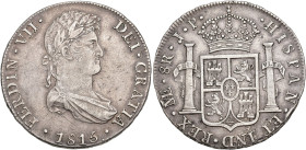 FERNANDO VII. 8 reales. 1815. Lima. JP. AR 26,77 g. 38,4 mm. VI-1046. Finas rayitas. MBC+.