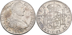 FERNANDO VII. 8 reales. 1809. México. TH. AR 26,76 g. 39,3 mm. VI-1083. Oxidaciones limpiadas. R.B.O. MBC+.