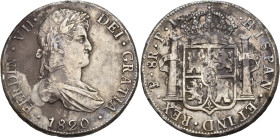 FERNANDO VII. 8 reales. 1820. Potosí. PJ. AR 26,83 g. 33,3 mm. VI-1141. Rayas y oxidaciones. MBC.