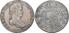 FERNANDO VII. 8 reales. 1820. Sevilla. CJ AR 27 g. 33,7 mm. VI-1172. Alabeada. MBC+/MBC.