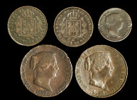 ISABEL II. Lote de 5 piezas de Segovia: 5 cts. de real (1), 10 cts. de real (2), 2 cts. de real (2). BC+/MBC.
