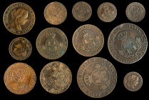 ISABEL II. Lote de 13 piezas: 1/2 céntimo de escudo (4); 1 céntimo de escudo (2); 2 1/2 céntimo de escudo (5, una de ellas falsa de época); 5 céntimos...