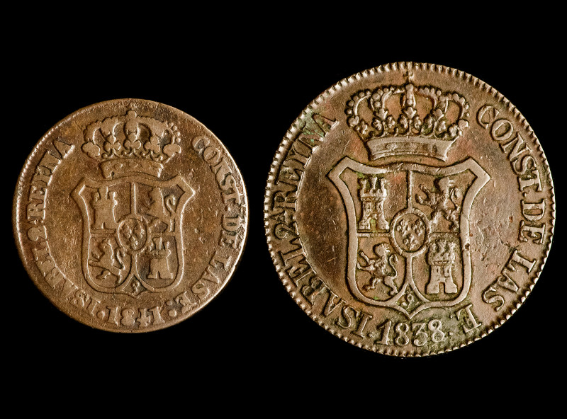 ISABEL II. Lote de 2 piezas de Barcelona: 3 cuartos 1841 y 6 cuartos 1838. MBC-/...