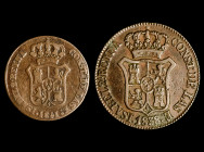 ISABEL II. Lote de 2 piezas de Barcelona: 3 cuartos 1841 y 6 cuartos 1838. MBC-/;BC+.