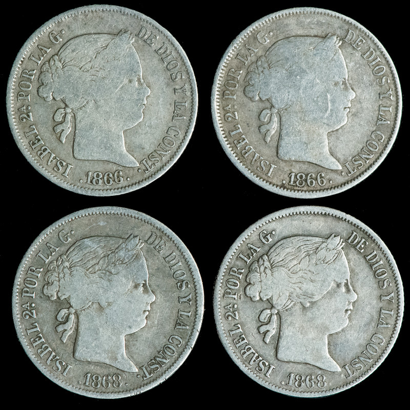 ISABEL II. Lote de 4 piezas: 20 centavos de peso (2) y 40 centavos de peso (2). ...