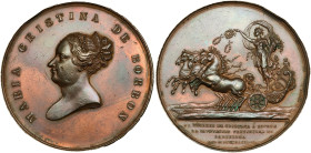 ISABEL II. Medalla. Al regreso de Cristina a España, la Diputación Provincial de Barcelona, 1844. AE 64,65 g. 52 mm. Vives-376. Golpes en canto. EBC-....