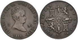 ISABEL II. 2 maravedís. 1858. Barcelona. AE 2,25 g. 18,9 mm. VI-6. Rebaba en anv., hoja sin salar en rev. y golpecito en canto. MBC.