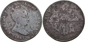 ISABEL II. 8 maravedís. 1841. Jubia. AE 8,06 g. 28,3 mm. VI-72. Erosiones. BC+.