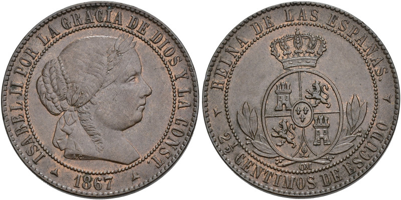 ISABEL II. 2 1/2 céntimos de escudo. 1867. Segovia. AE 6,35 g. 25,1 mm. VI-192. ...