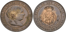 ISABEL II. 5 céntimos de escudo. 1868. Segovia. AE 12,46 g. 32,2 mm. VI-206. EBC.