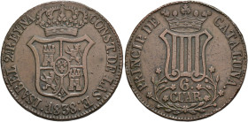 ISABEL II. 6 cuartos. 1838. Barcelona. AE 14 g. 32,5 mm. VI-225. MBC+.