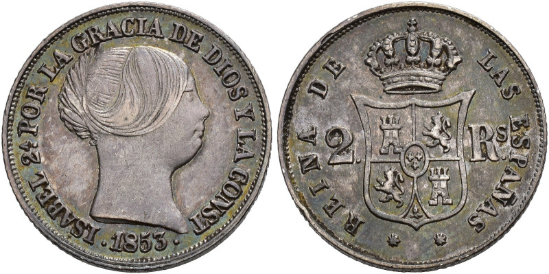 ISABEL II. 2 reales. 1853. Barcelona. AU 2,61 g. 18,1 mm. VI-300. EBC-/MBC+.