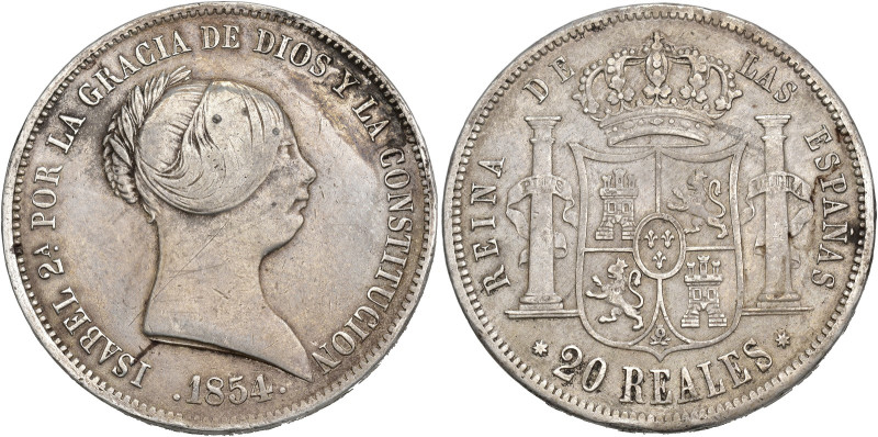 ISABEL II. 20 reales. 1854. Sevilla. CL. AR 25,66 g. 37,2 mm. VI-526. Oxidacione...