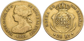 ISABEL II. 20 reales oro. 1861. Madrid. AU 1,58 g. 15,2 mm. VI-557. Limadura en canto. Estuvo colgada. Rayas en anv. MBC-/MBC.